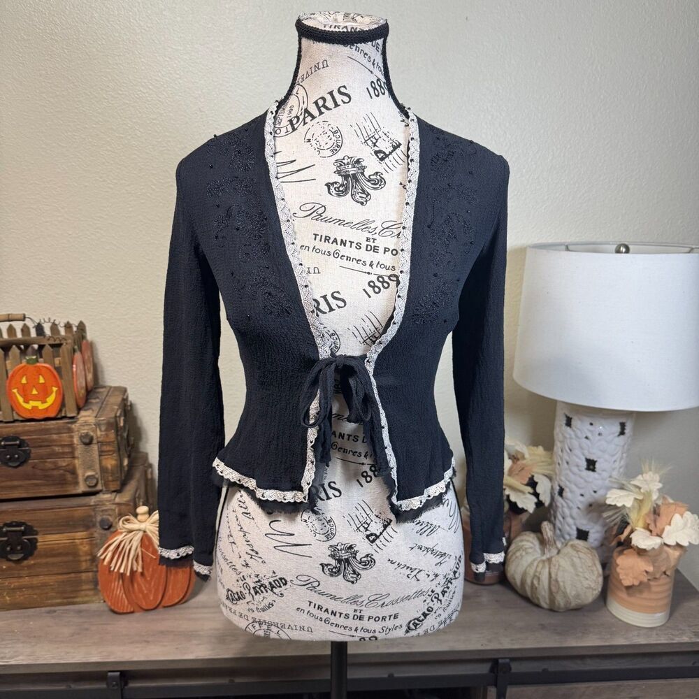 Y2K The Limited Silk Tie Front Embroidered Lace Blouse XS Fairy Romantic Whimsy